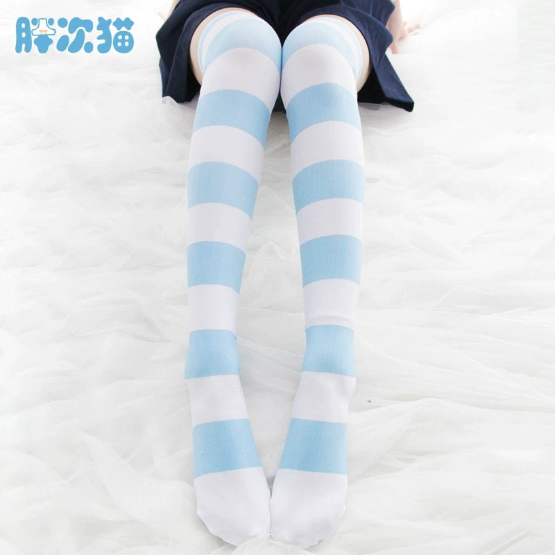 Pink cat paw striped knee socks, velvet print extended thigh socks 65cm