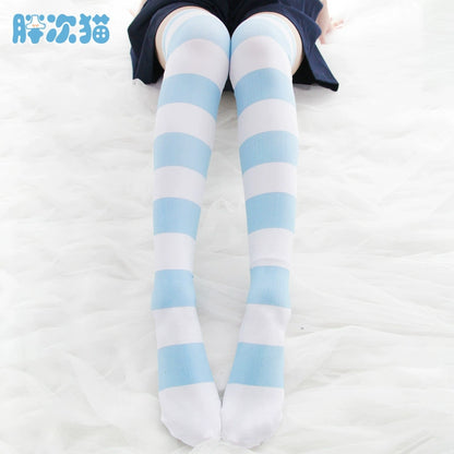 Pink cat paw striped knee socks, velvet print extended thigh socks 65cm