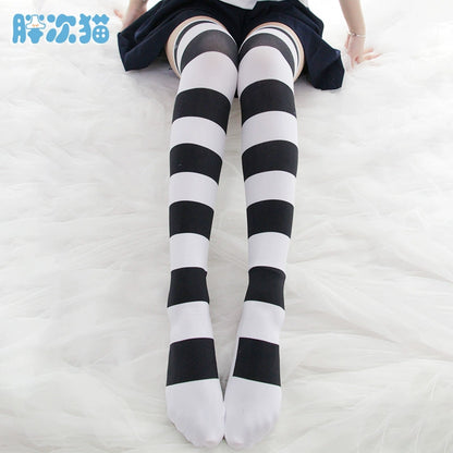 Pink cat paw striped knee socks, velvet print extended thigh socks 65cm