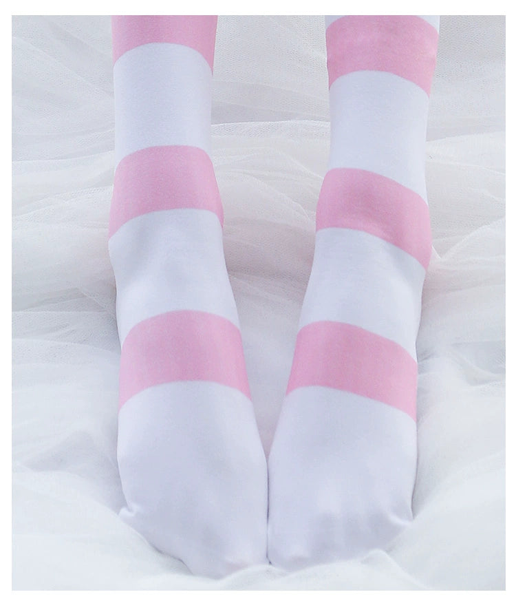 Pink cat paw striped knee socks, velvet print extended thigh socks 65cm