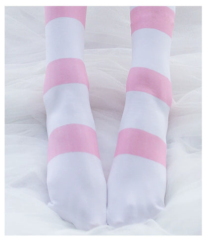 Pink cat paw striped knee socks, velvet print extended thigh socks 65cm