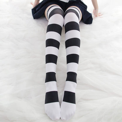 Pink cat paw striped knee socks, velvet print extended thigh socks 65cm