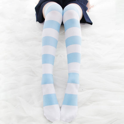 Pink cat paw striped knee socks, velvet print extended thigh socks 65cm