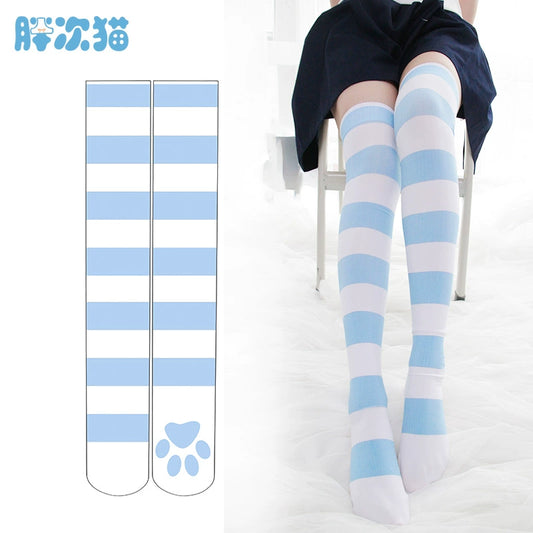 Pink cat paw striped knee socks, velvet print extended thigh socks 65cm