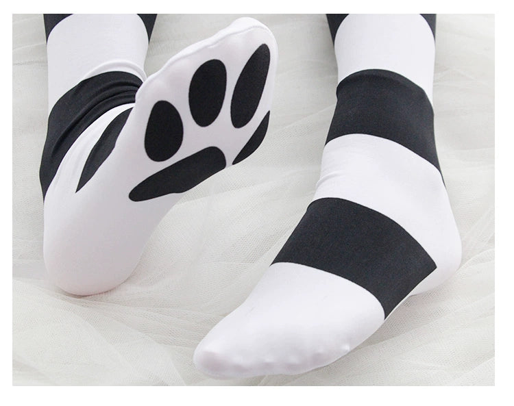 Pink cat paw striped knee socks, velvet print extended thigh socks 65cm