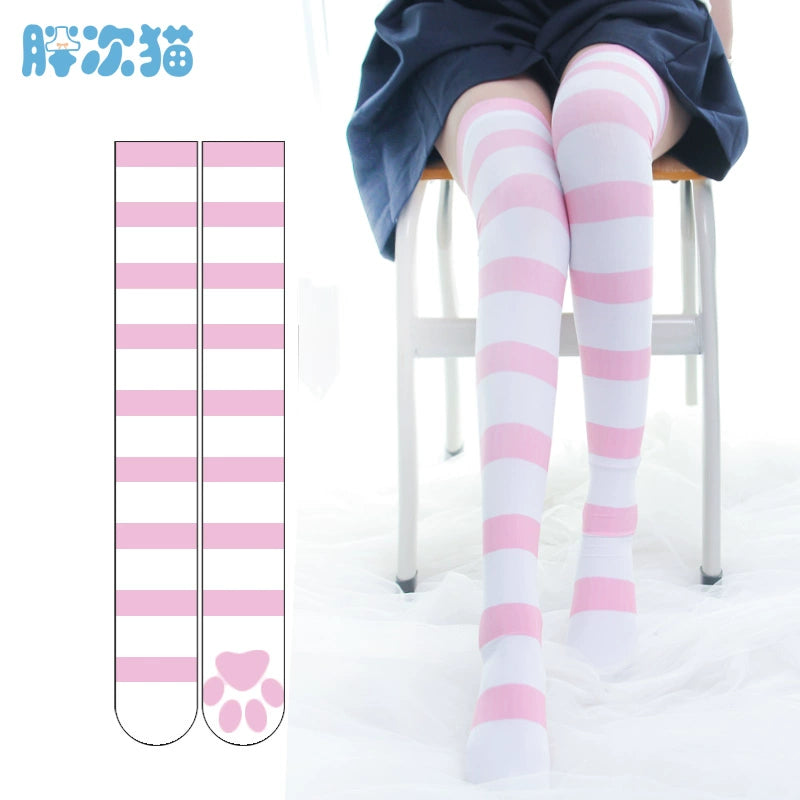 Pink cat paw striped knee socks, velvet print extended thigh socks 65cm